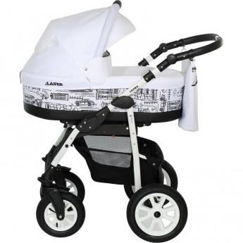 Коляска VERDI Laser 3 в 1, белый с рисунком город и черной полосой Коляска VERDI Laser 3 в 1, белый с рисунком город и черной полосой