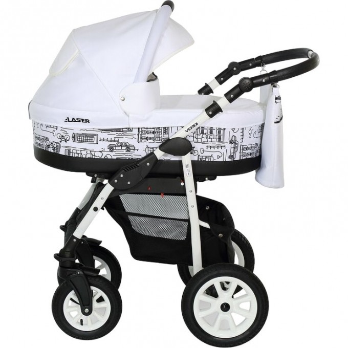 Коляска VERDI Laser 3 в 1, белый с рисунком город и черной полосой 2790000056593